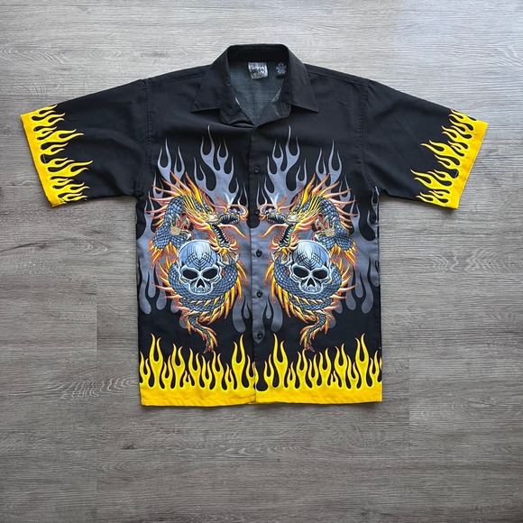 Shaolin Other - Authentic Shaolin Dragon Skull Flame Shirt Black Y2K Graphic Button Up Large